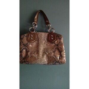 Coach Snakeskin Print Sequin Brown Leather Trim Shoulder Bag Purse Designer‎